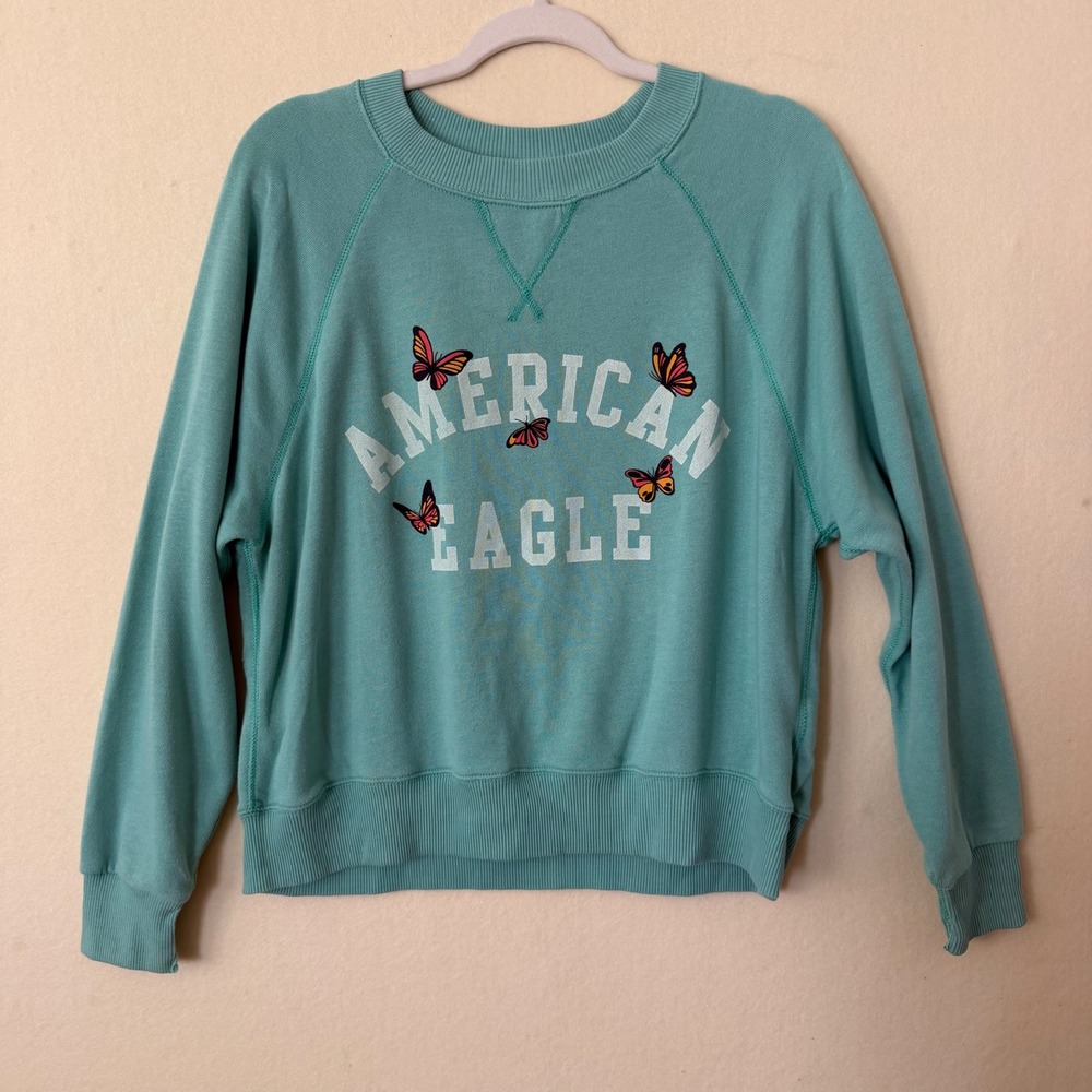 American Eagle Butterfly Graphic Sweatshirt Teal Green Raglan Pullover Medium